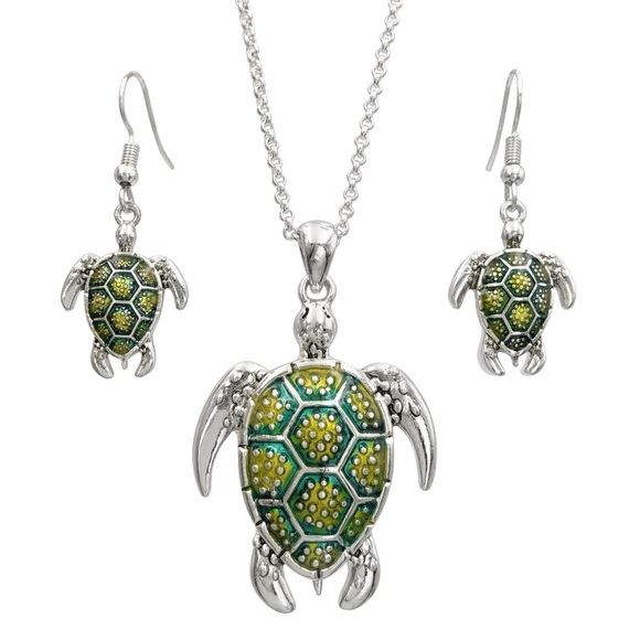 Green Painted Sea Turtle Necklace & Earrings - Picture 1 of 3